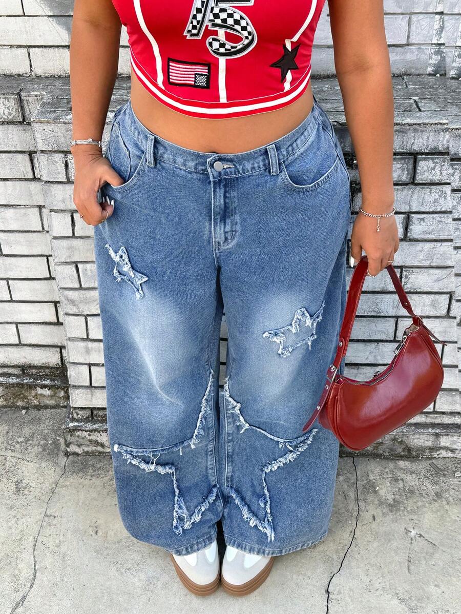 SHEIN ICON Plus Size Women Five-Starred Fringes Decor Pockets Loose Relaxed Fit Jeans - Blue - View 1