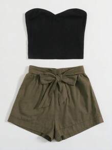 SHEIN VCAY Solid Tube Top & Belted Shorts Set