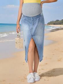 SHEIN Pregnant Women Solid Color Patchwork Pocket Simplex Casual Denim A-Line Skirt - Light Wash - View 4