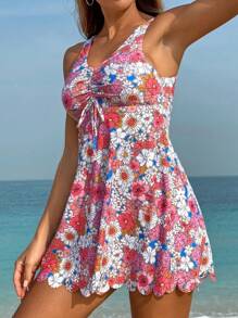 Swim Lushoire Summer Women's Casual Vacation Style Daisy Floral Print Front Tie Wide Strap Swim Dress
