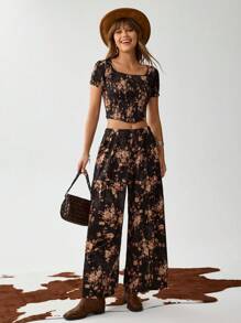 SHEIN LUNE 2pcs Black Floral Summer Boho Vacation Holiday Western American Countryside Print Set,Ladies Chic Hippie Clothes,Women Bohemia Two Pieces Set - Black - View 5