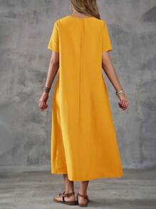 EMERY ROSE Women's Solid Color Short Sleeve Round Neck Midi Dress - Yellow - View 2