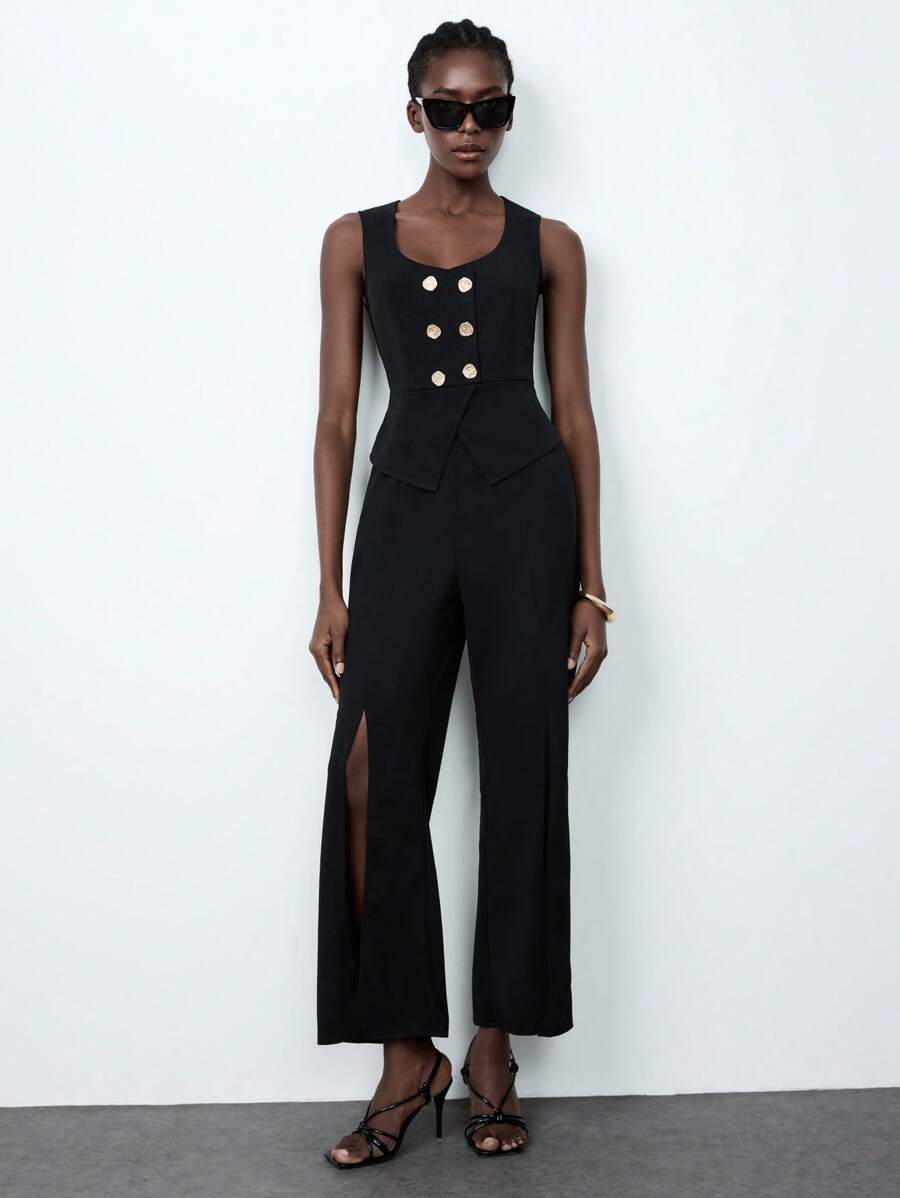 SHEIN ChicEase Mono elegante y a la moda de mujer con cintura marcada y botones metálicos cruzados - Negro - Ver 1
