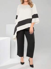 EMERY ROSE Femei Dimensiuni Plus Set 2buc Tivul Asimetric Culoare Contrast Decolteu Rotund Top Și Pantaloni Ținute de primăvară Pentru Femei Rochie de duș de mireasă Alb Elegant