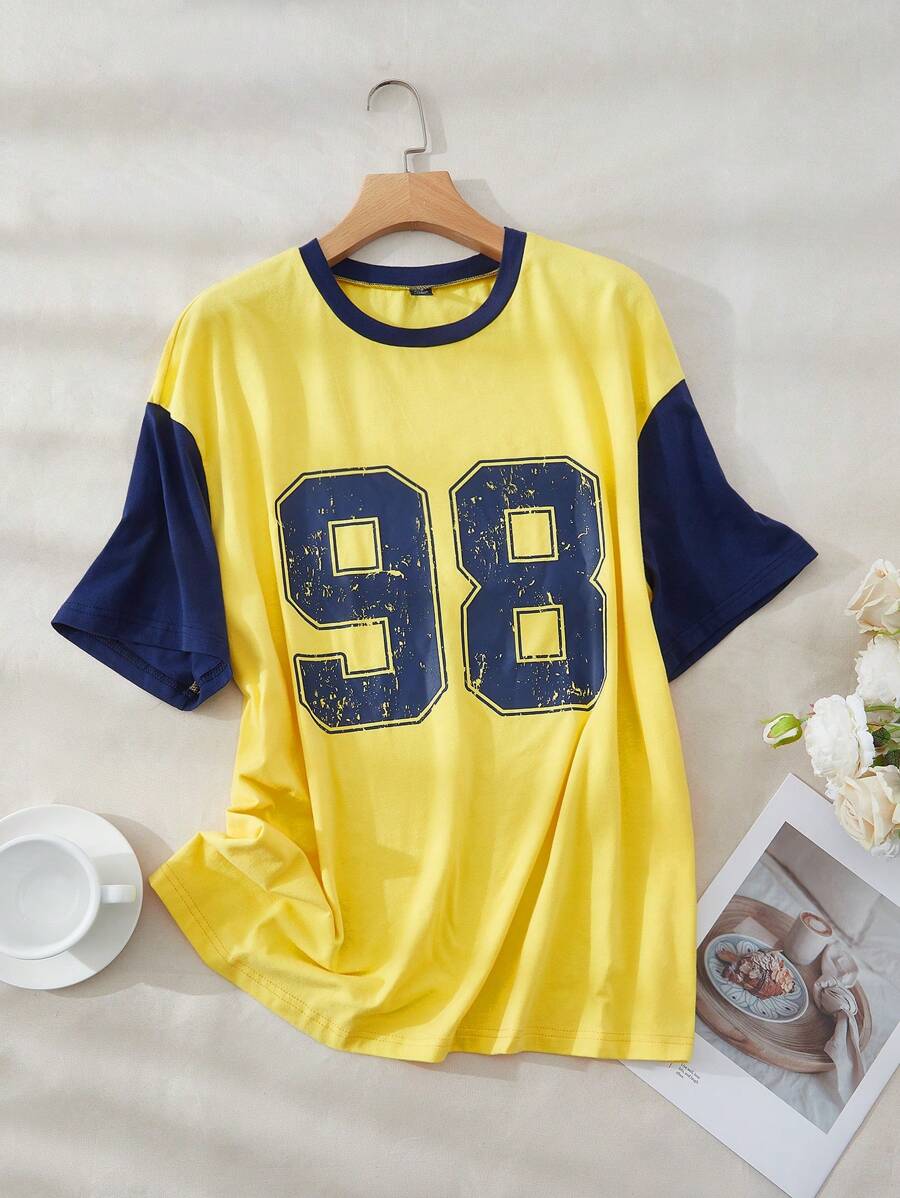 SHEIN EZwear Plus Size Women's Number Print Short Sleeve T-Shirt, Suitable For Spring/Summer Sports Events - Yellow - View 1