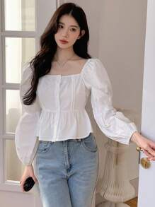 DAZY ملابس علوية نسائي بأكمام فانوس ذو لون واحد، توب بيبي دول بأكمام طويلة - أبيض - مشاهدة 7