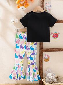 SHEIN Young Girls Casual Style Black Round Neck Rabbit Print Short Sleeve Top + Rabbit Print Pants 2 Pieces Set, New Spring/Summer