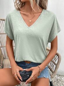 SHEIN Frenchy Vacation Casual Solid Color Batwing Sleeve T-Shirt Summer Green Christmas - Mint Green - View 5
