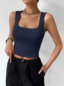 Siren Gaze 女士方领短款基本纯色背心 - 藏蓝色 - 查看 3