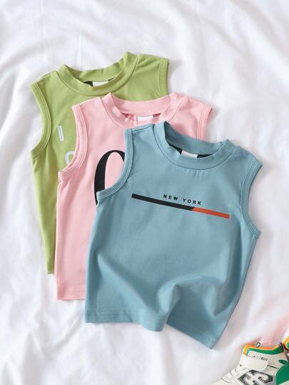 SHEIN Playful Pals 3 件套男婴字母图案针织背心（粉色、蓝色、绿色）适合夏季度假、居家、户外运动
