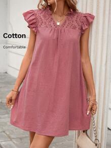 SHEIN LUNE 網眼刺繡荷葉邊直筒洋裝 - 紅木色 - 查看 5