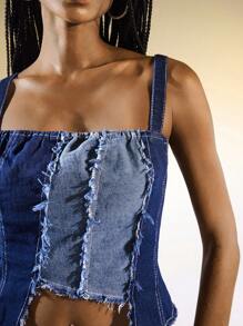 SHEIN EZwear Women's Asymmetric Hem Sleeveless Denim Top Patchwork Blue Color Block - Blue - View 4