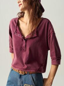 Bohemela Casual Solid Color Knitted Half-Open Collar Loose Washed Plus Size T-Shirt,Vintage - Burgundy - View 9