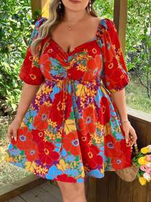 Flirla Große Größen Damen Freizeitkleid mit Blumenmuster, Puffärmeln, Kordelzug-Kragen und Webbindung