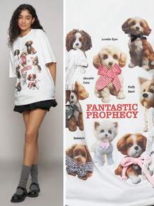 Easelle Camiseta de calle para mujer con cuello redondo, mangas caídas y estampado de perro con letra