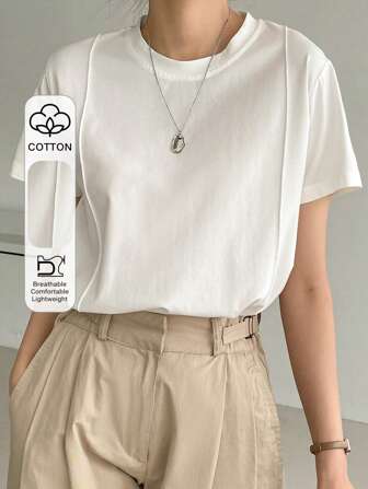 قميص تي شيرت بتفاصيل خياطة متماسكة بطراز العملة القديمة، ملابس عمل كاجوال للسيدات في الأعمال