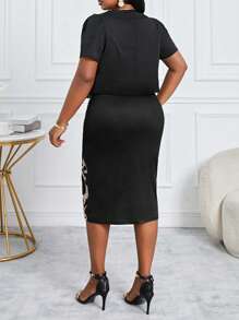 Fleurora 秋冬季优雅黑色针织铅笔主教袖中长短袖大码套装 - 黑與白 - 查看 2