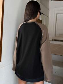 DAZY Letter Graphic Contrast Raglan Sleeve Tee Jersey,Fall Clothes Long Sleeve Women Tops - Multicolor - View 2