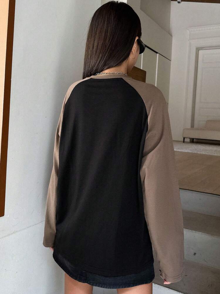 Letter Graphic Contrast Raglan Sleeve Tee Jersey,Fall Clothes Long Sleeve Women Tops