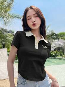 DAZY Letter Graphic Contrast Collar Tee Summer
