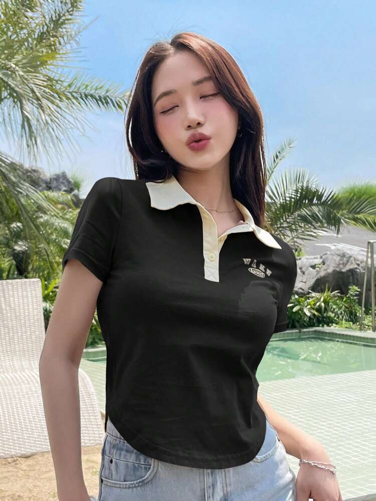 Letter Graphic Contrast Collar Tee Summer Preppy Tops