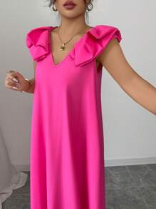 Elenzga 女士纯色宽松休闲 V 领吊带长裙 - 粉色 - 查看 5