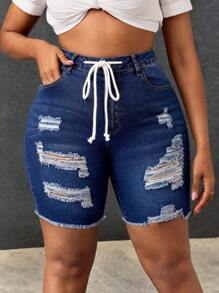SHEIN SXY Plus Size Women Elastic Blue Denim Drawstring Ripped Biker Pants - Blue - View 4