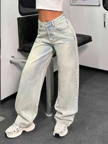 EURMUSE WOMEN HIGH WAIST WIDE LEG JEANS - Light Wash - View 6