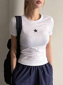 DAZY Women's Star Pattern Printed Short Sleeve T-Shirt Y2k - White - View 8