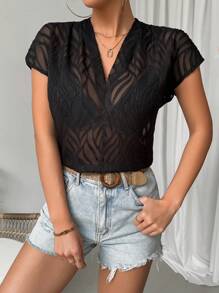 Calvaya Ladies' V-Neck Jacquard Blouse,Short Sleeve Tops