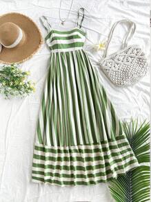 Soleia Western Wear Women,Summer Dresses For Women,Vacation Outfits Woman,Bohemian,Rave Outfit Festival,Concert Outfit Women,Easter Dress Women,Women's Summer Striped Print Backstrap Bow Tied Waist Flare A-Line Long Strap Dress, Tropical Country Style - Multicolor - View 1