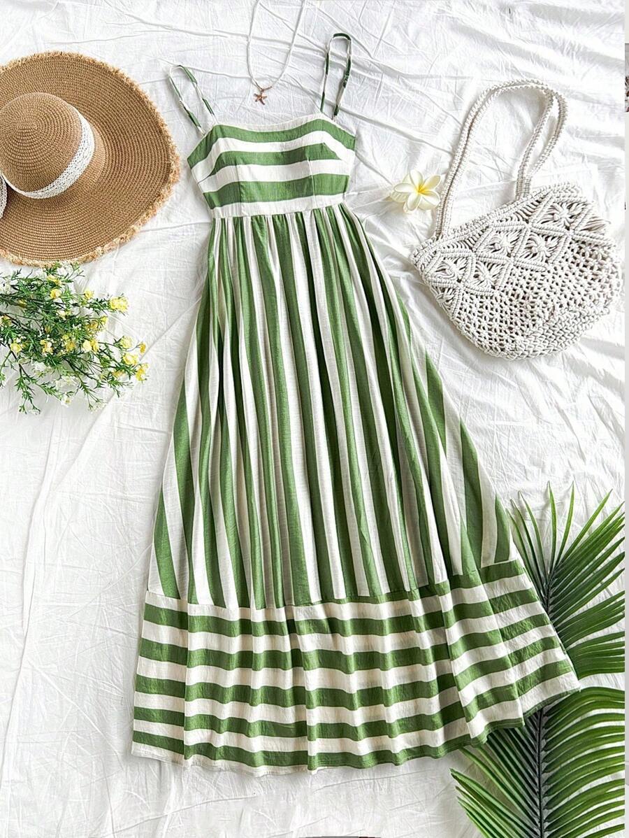 Soleia Western Wear Women,Summer Dresses For Women,Vacation Outfits Woman,Bohemian,Rave Outfit Festival,Concert Outfit Women,Easter Dress Women,Women's Summer Striped Print Backstrap Bow Tied Waist Flare A-Line Long Strap Dress, Tropical Country Style - Multicolor - View 1