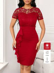 SHEIN Lady 婚礼宾客礼服蕾丝拼接荷叶边女士包臀裙工作聚会女装连衣裙 - 紅色 - 查看 7