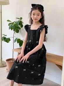DAZY Tween Girl Fall Clothes Square Collar Cap Sleeve Allover Print Embroidered Woven Summer Dress,Back To School Clothes