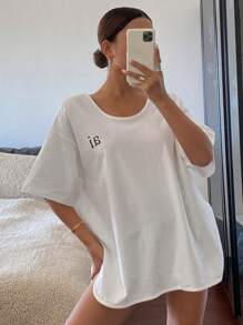 DAZY 女式字母印花超大长袖/短袖T恤，秋季服装 - 白色 - 查看 8