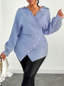 Maweii 女士加大码条纹印花纽扣前衬衫，不对称下摆，蝙蝠袖，裹身衬衫，秋装，长袖，冬装，优雅，日常通勤，外出，休闲 - 藍白色 - 查看 5