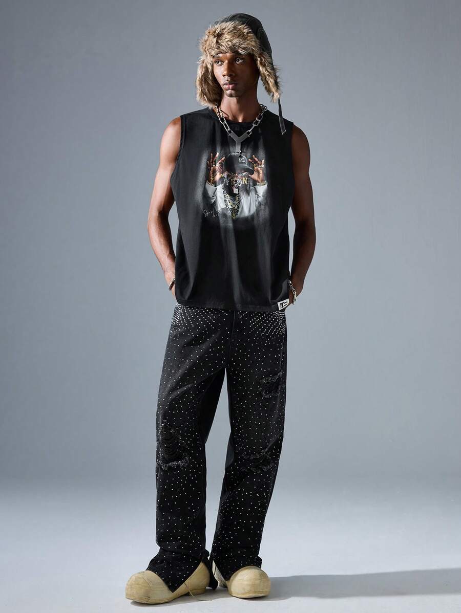 NEON BLANC Men Street Fashion Knitted Black Round Neck Sleeveless Tank Top With Print - Black - View 1