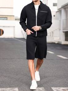 Manfinity Homme Men's Denim Set With Zip Up Jacket & Shorts, Minimalist & Fashionable, Suitable For Summer - Black - View 7