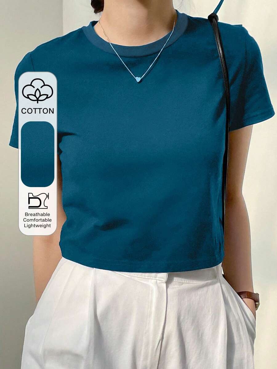 Dazy-Less Solid Crew Neck Crop Tee Old Money Style Summer Business Casual Woman Work Clothes - Teal Blue - View 1