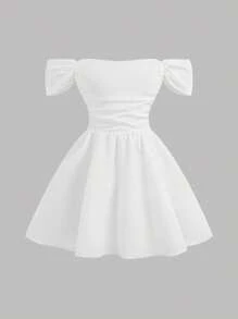SHEIN Tween-Mädchen Off Shoulder Weiße Kleider aus strukturiertem Stoff mit taillierter Taille