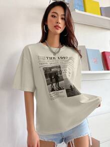 DAZY Figure & Letter Graphic Drop Shoulder Tee THE 1997 LET'S SEE WHAT HAPPENED TRAVEL BRINGS US TOGETHER Oversized T-Shirt - Khaki - View 5