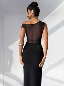 Firerie 女士黑色不对称肩部网眼衬衫和长款鱼尾裙两件套 - 黑色 - 查看 3