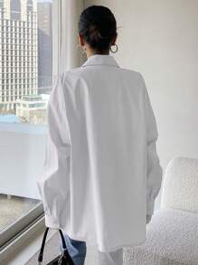 DAZY Button Through Pocket Front Drop Shoulder Shirt,Long Sleeve Tops,Back To School Clothes Fall - White - View 2