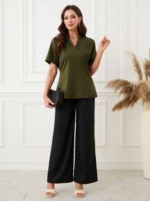 Women's Army Green Pleated V-Neck Loose Casual T-Shirt - Army Green - View 7