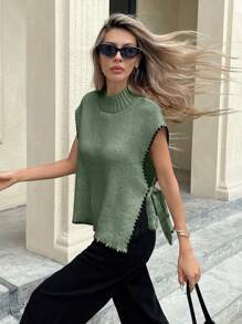 SHEIN Frenchy 女式立领花卉边饰侧系带宽松针织毛衣背心，绿色上衣