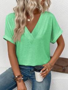 SHEIN LUNE Women V-Neck Short Sleeve Casual Loose T-Shirt - Green - View 3
