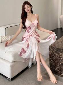 DAZY Elegant Sexy Spaghetti Strap V-Neck Floral Mesh Fishtail Dress Sundress - Multicolor - View 5