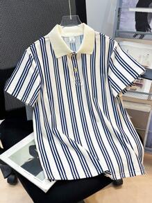 SHEIN Leap Crew Tween Boys' Casual Comfortable All-Match Versatile Printed Rib Knit Polo Collar Half-Placket Pullover Suitable For School, Garden, Beach, Birthday In Spring, Summer, Fall, Winter Seasons - White - View 4