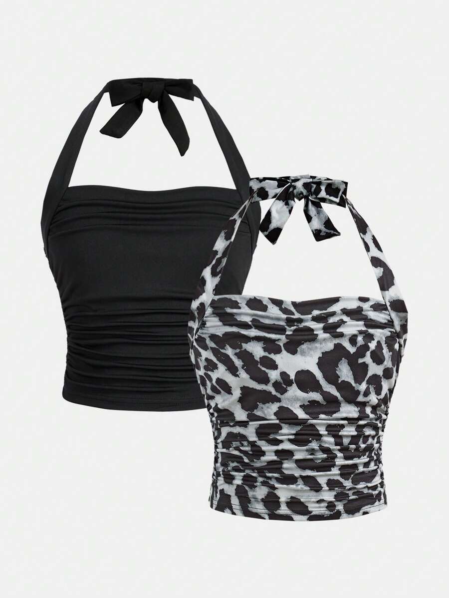 SHEIN Girlism 2pcs Tween Girl Leopard Print & Solid Color Halter Top, All-Match & Versatile - Grey - View 1