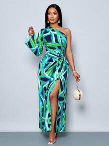 SOLERSUN Women's Fashion One Shoulder Long Sleeve All Over Printed Ruffled High Slit Maxi Dress For Vacation (Random Floral)